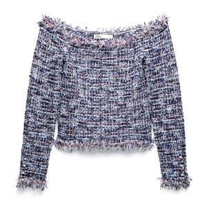 Zara - Textured Off-The-Shoulder Top with Frayed Trims and Faux Pearl Buttons